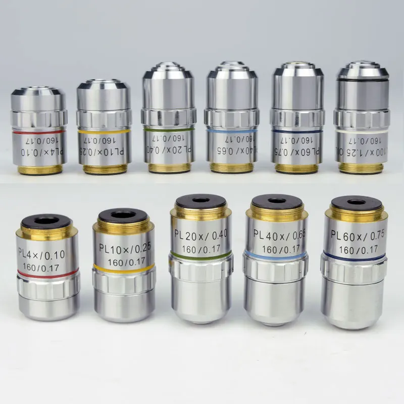195 Plan Achromatic Objective 4X 10X 20X 40X 60X 100X DIN Lens High Quality Biological Microscope Objective Parts RMS 20.2mm