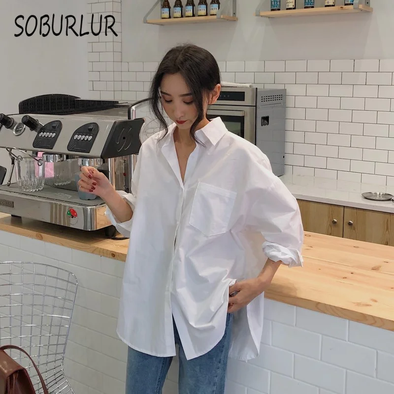 

SOBURLUR 2023 Basic Top Women Shirts White Plain Loose Oversized Blouses Female Tops Loose BF Korean Style Blusas Pockets Summer