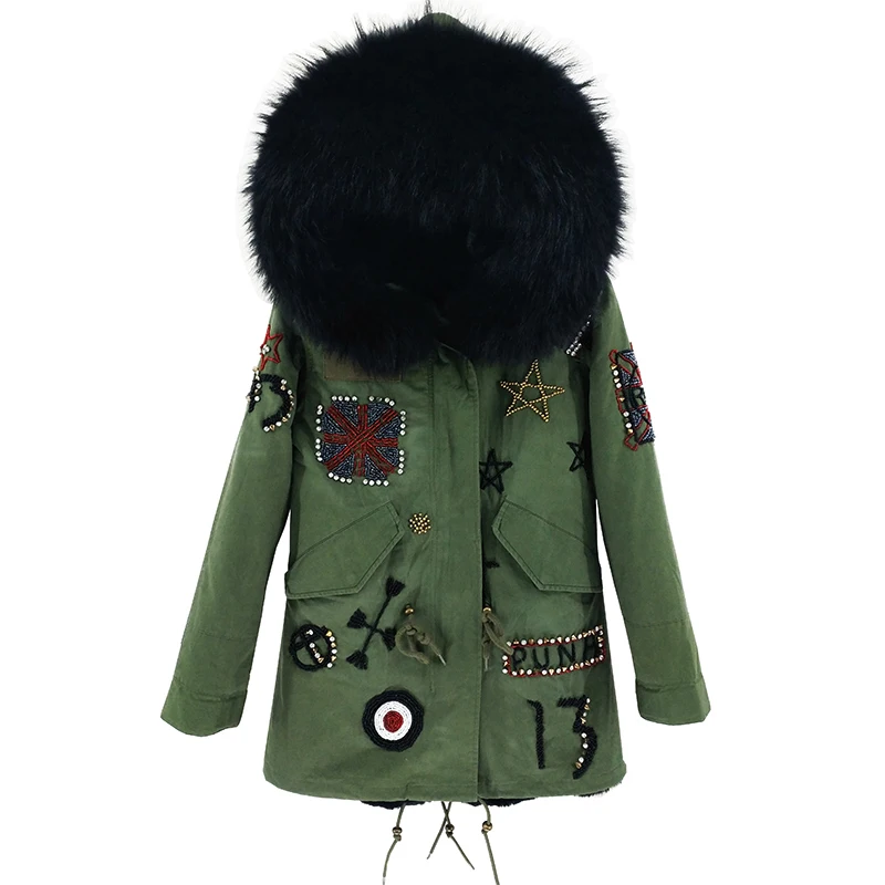 

Ladies new beaded jacket winter hooded raccoon fur collar pie overcoming coat star same paragraph fur army green