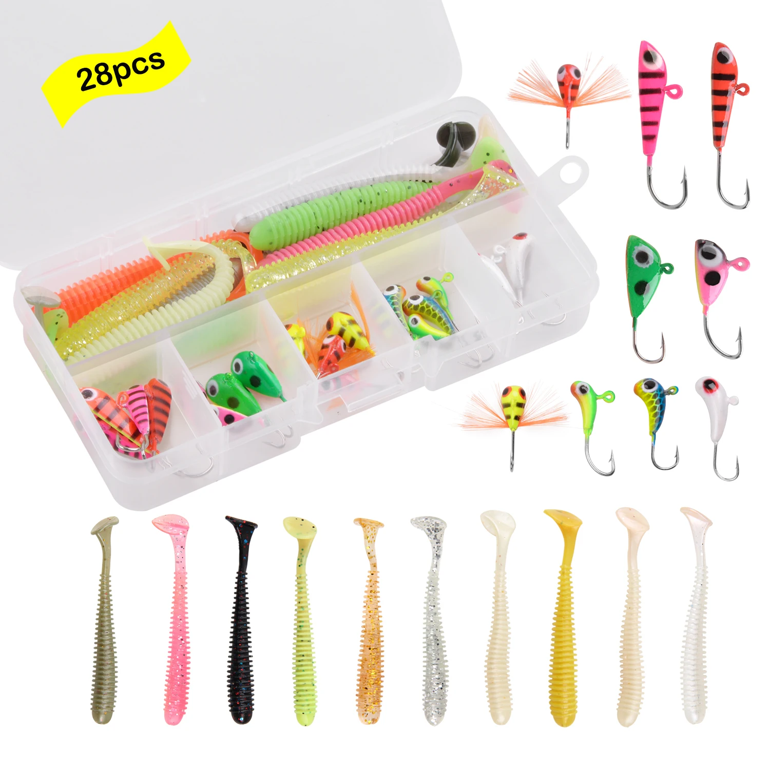 

28Pcs/Box Ice Fishing Jig Lure Fishing Hooks With Curved Tail Soft Lure For Trout Perch Winter Fishing