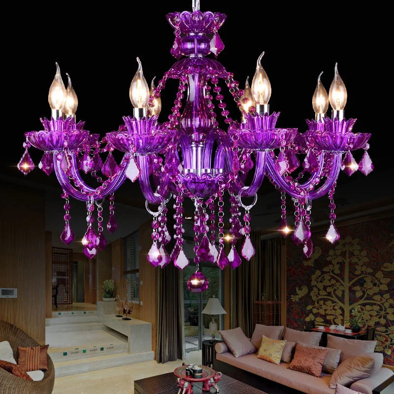 

Antique Purple Crystal Chandelier European Living Room Bedroom Decorative Pendant Lights Hotel Lobby KTV Bar Suspension Lamps