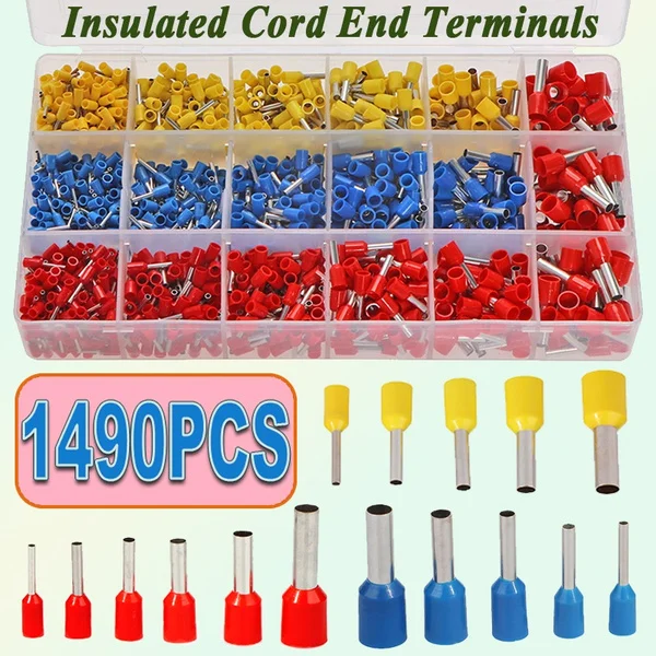 1490PCS Insulated Cord End Terminals with Pearl Cotton Assortment Kit Wire End Ferrules Wire Terminals Connector 0.5mm2-6.0mm2