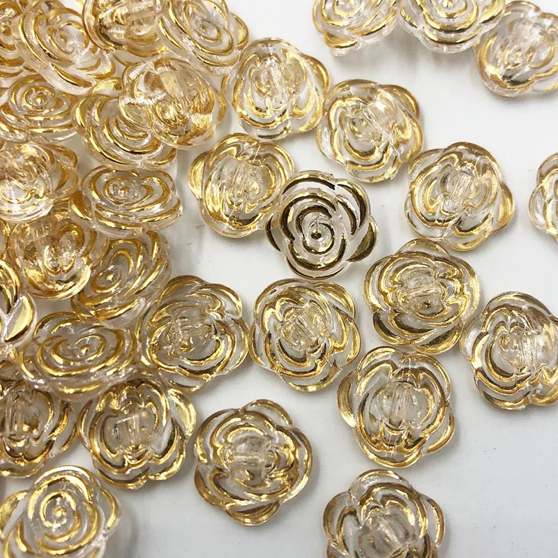 50/100pcs Gold transparent rose flower acrylic buttons for decoration handmade craft sewing accessories PT134