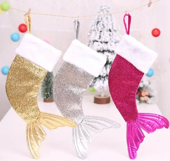 Sequin Mermaid Tail Christmas Stockings Gift Wrap Kids Candy Bag Christmas Tree Ornament Home Party Decorations Large Size Xmas