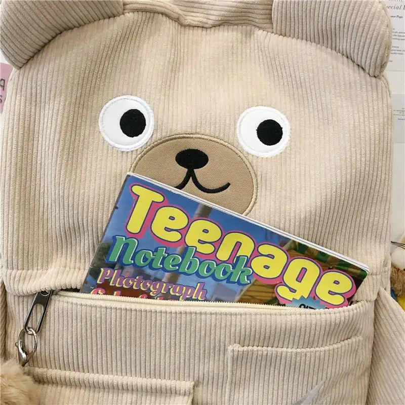 New Creative Cartoon Backpack Women Cute Bear Casual Backpacks Large Corduroy Embroidery Schoolbag For Teenage Student 2021