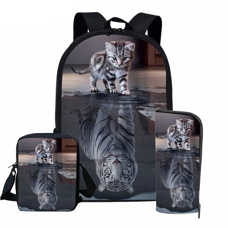 

3PCS/SET Cat Reflection Tiger 3D Print School Backpack Set for Teenager Girls Boys Book Bag High School Children Kids School Bag