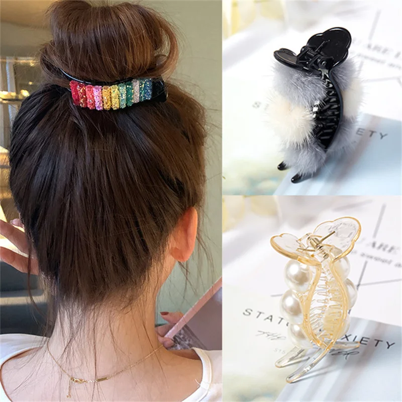 Korean Rainbow Hair Clips Claw Crabs Mink Fluff Hair Ball For Barrettes Bun Hair Clamps Pearl Hairpin Ponytail Hair Accessories