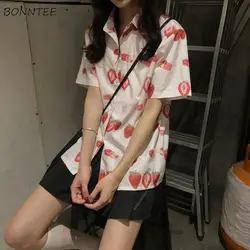 Shirts Women Summer Fashion All-match Strawberry-printed Casual Fit Korean Style Turn-down Collar Female Tops Chic Vintage Cute