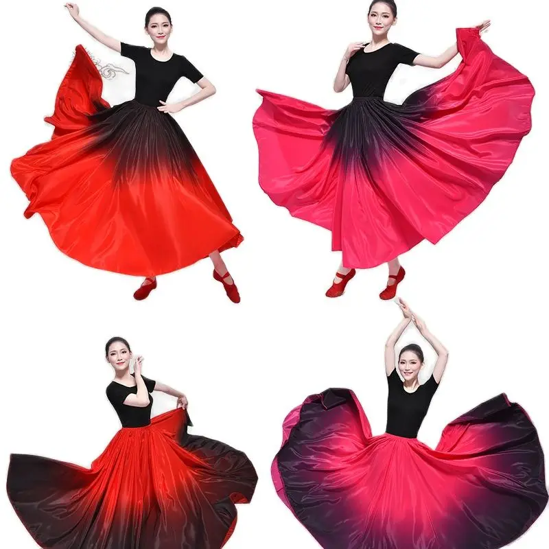 Practice Tibetan Performance Dress Half Length Adult Big Swing Red Satin  Clothes Spanish Clothing Girl  Gypsy Skirt