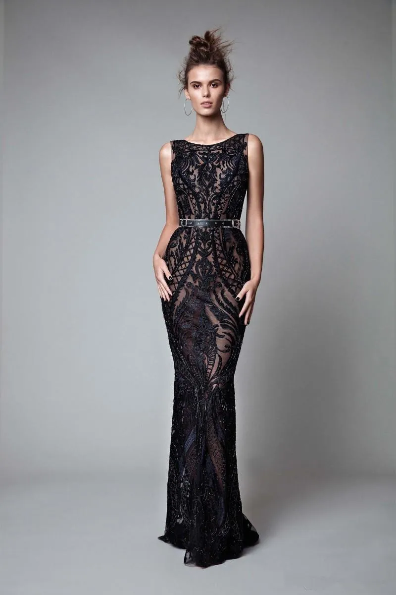 Beading Backless Evening Dresses Black Full Lace Mermaid Prom Gowns Floor Length Formal Dress Custom Made