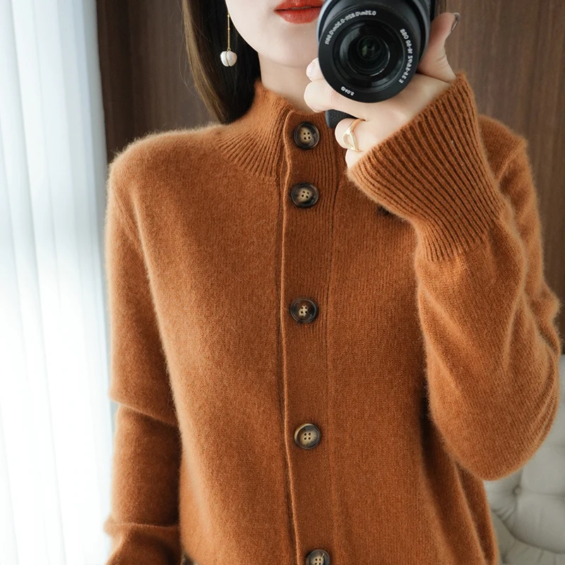 Autumn and Winter 100% Wool Cashmere Sweater Women\'s Self-Cultivation Half High Neck Cardigan Warm Knitted Sweater Women