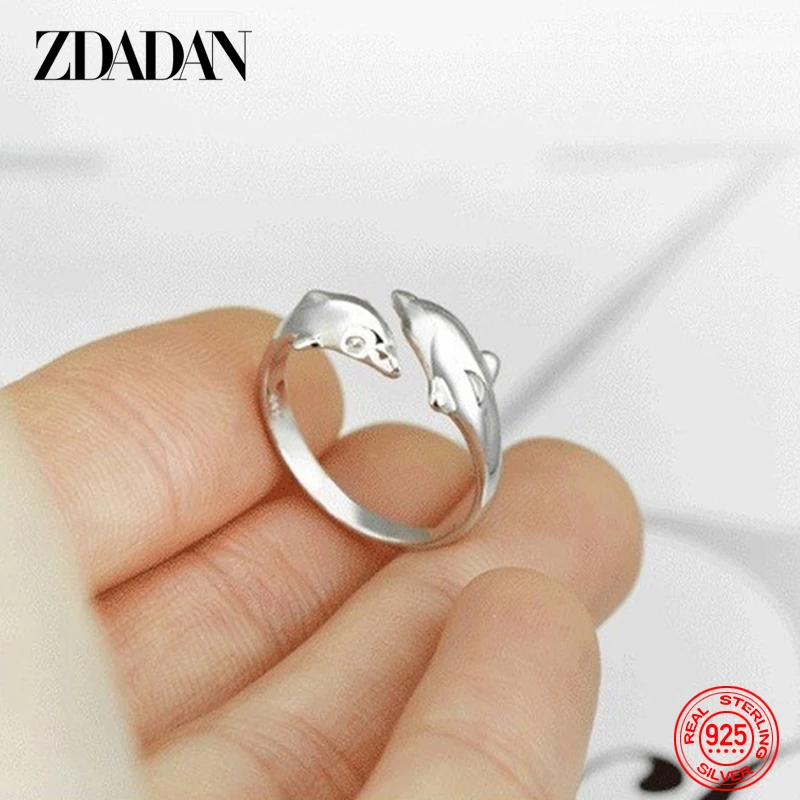 ZDADAN 925 Sterling Silver Double Dolphin Open Ring For Women Fashion Wedding Jewelry Party Gift