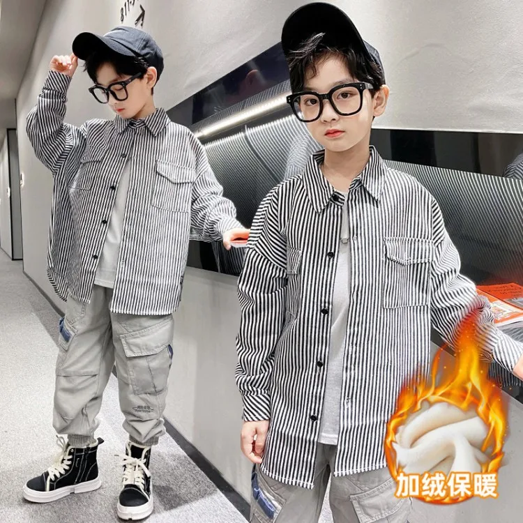 Hemden für Jungen, Vier Jahreszeiten, neue lässige langärmelige Baumwollbluse mit vertikalen Streifen, Oberteil, Kinder-Outfits, Teenagerkleidung, 5-14 Jahre alt – Detail 9