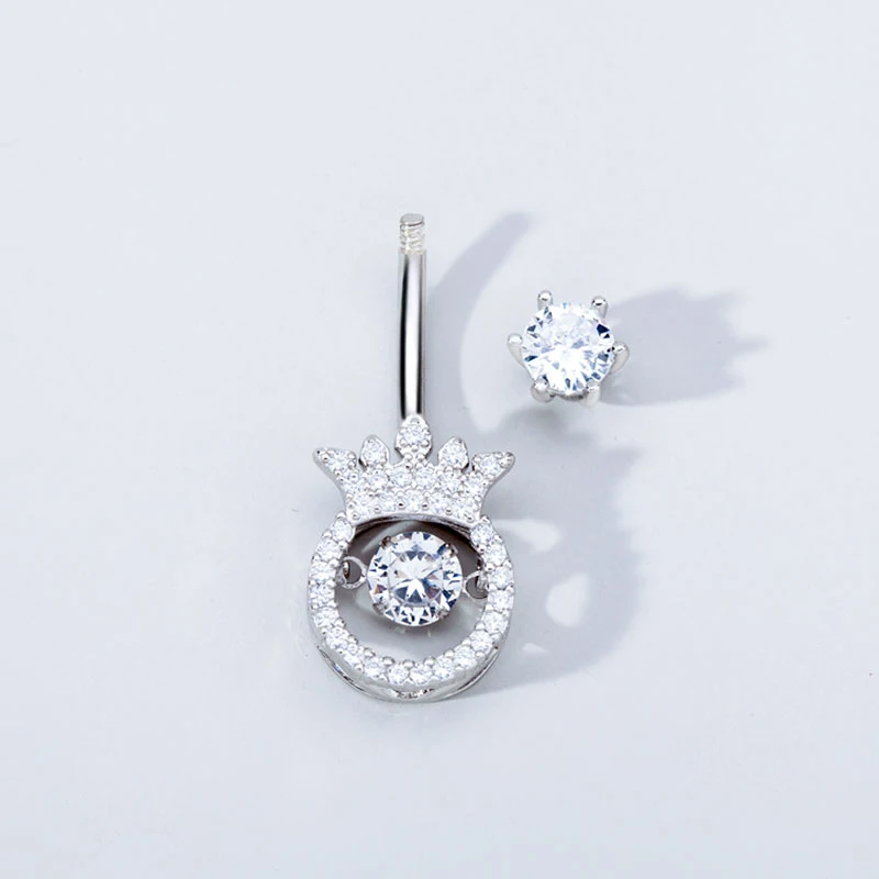 925 Sterling Silver Crown Zircon Long Belly Button Ring Dangle In Bulk Bar Navel-Piercing Women Body Jewelry Party Charming Gift