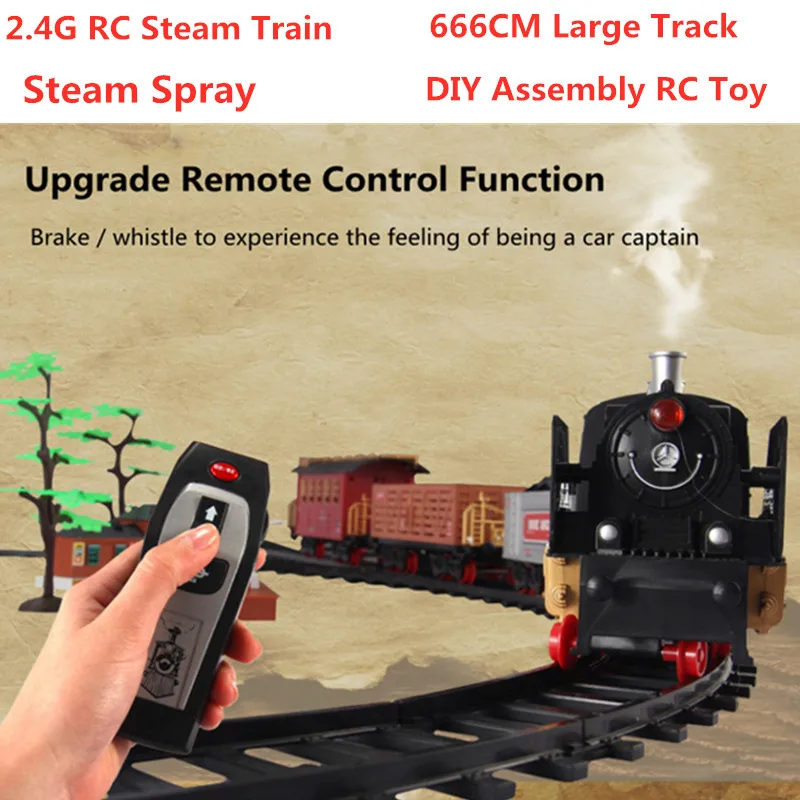 High Simulation Steam spray 2.4G RC Steam Train 666CM Large Track Railway DIY Assembly RC Toy Sound Smoking Effect Train  Tracks