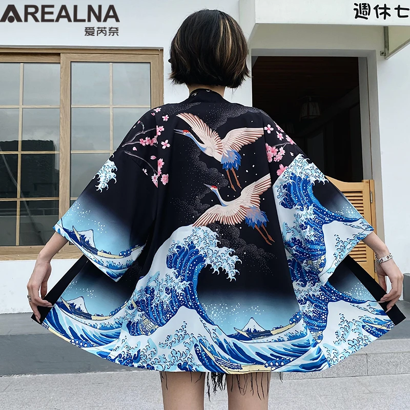 

Women's Kimono Cardigan Japanese Style The Great Wave Off Kanagawa Crane Geisha Haori Anime Clothes Sasuke Cosplay Kimono Homme