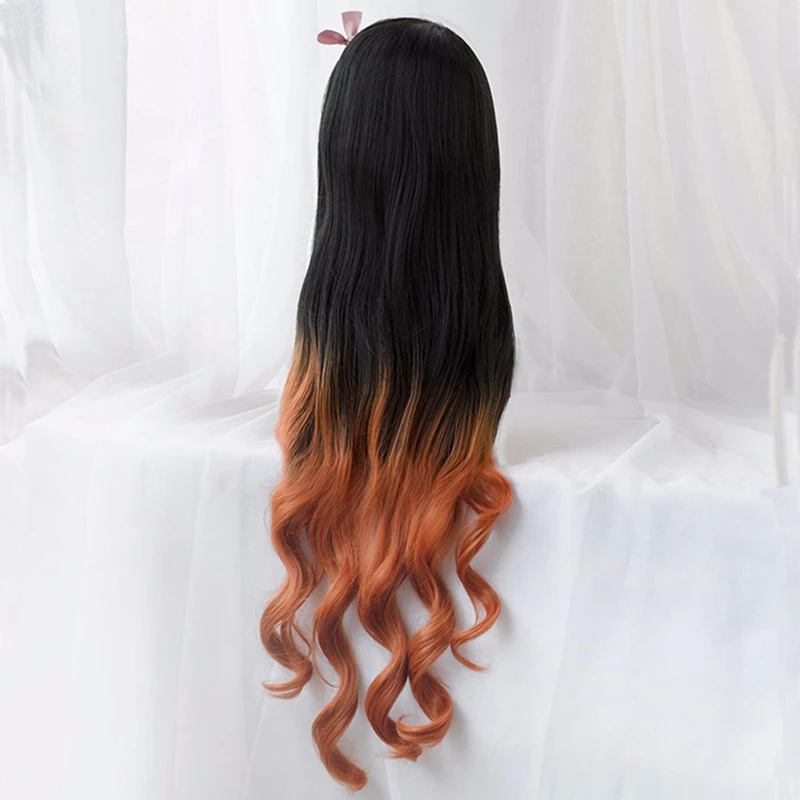 Kamado Nezuko Cosplay Wig, Cabelo Comprido Gradiente, Resistente ao Calor, Peruca Sintética, Acessórios, 95cm