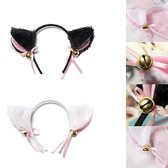 Cartoon Cats Fox Ears Headband with Bell Bow for Anime Cosplay Party Costume