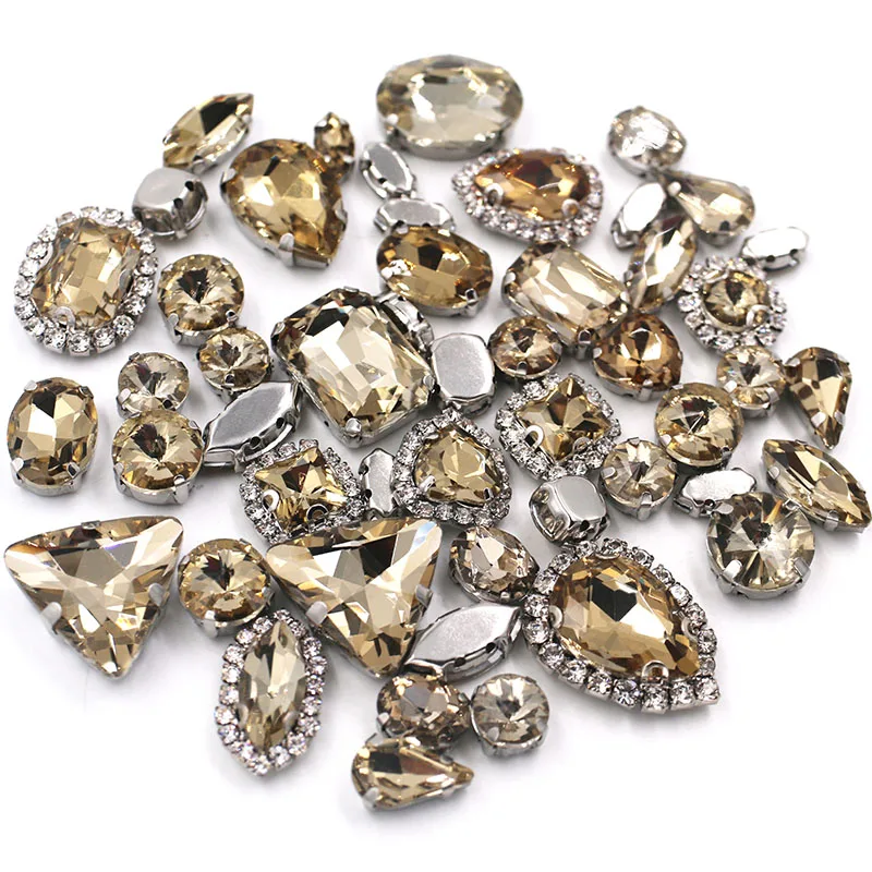 50pcs/Bag Light Coffee Mixed Shape Sew on Glass Rhinestone Silver Claw Crystal Buckle Diy Wedding Decoration Clothes/Shoe/Dress