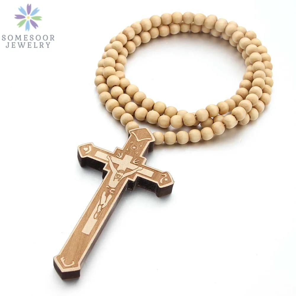 SOMESOOR Christian Cross Wooden Pendant Necklace Engraved 45cm Beads Chain Fashion Jesus Religious Jewelry For Men Women Gift