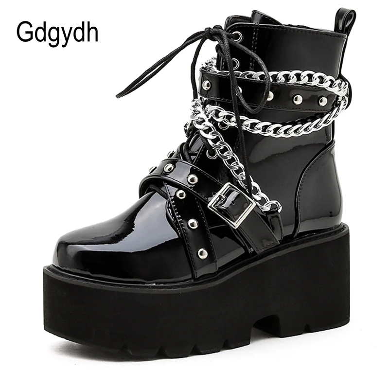 Gdgydh Autumn Winter Boots Women Sexy Chain Boots Ankle Buckle Strap Ankle Boots Square Heel Thick Sole Platform Rock Punk Style