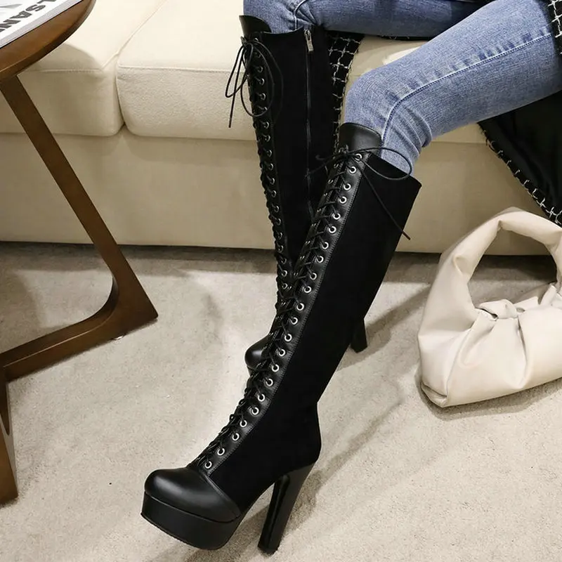 

2021 Women Knee High Boots Platform Square High Heel Ladies Lace Up Boots Flock Round Toe Zipper Women's Boots Black Brown