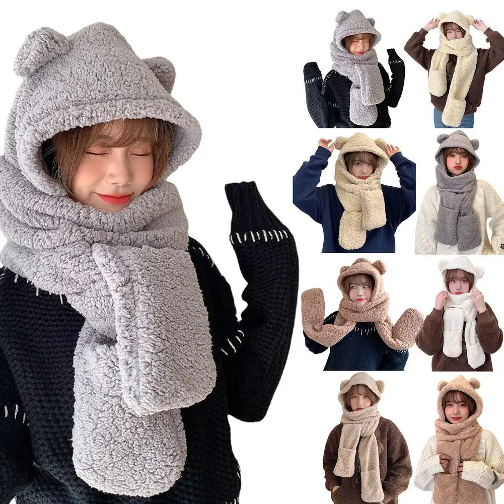 3 In 1 Women Fluffy Plush Warm Cat Ears Hooded Scarf Earflap Hat Gloves Mittens Cartoon Animal Hoods