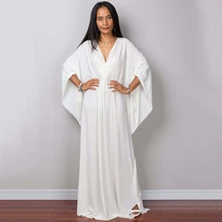 Greek Goddess Pure White Long Dress Stuning Solid Color Black Kaftan High Waist Batwing Sleeve Maxi Dresses For Elegant Women