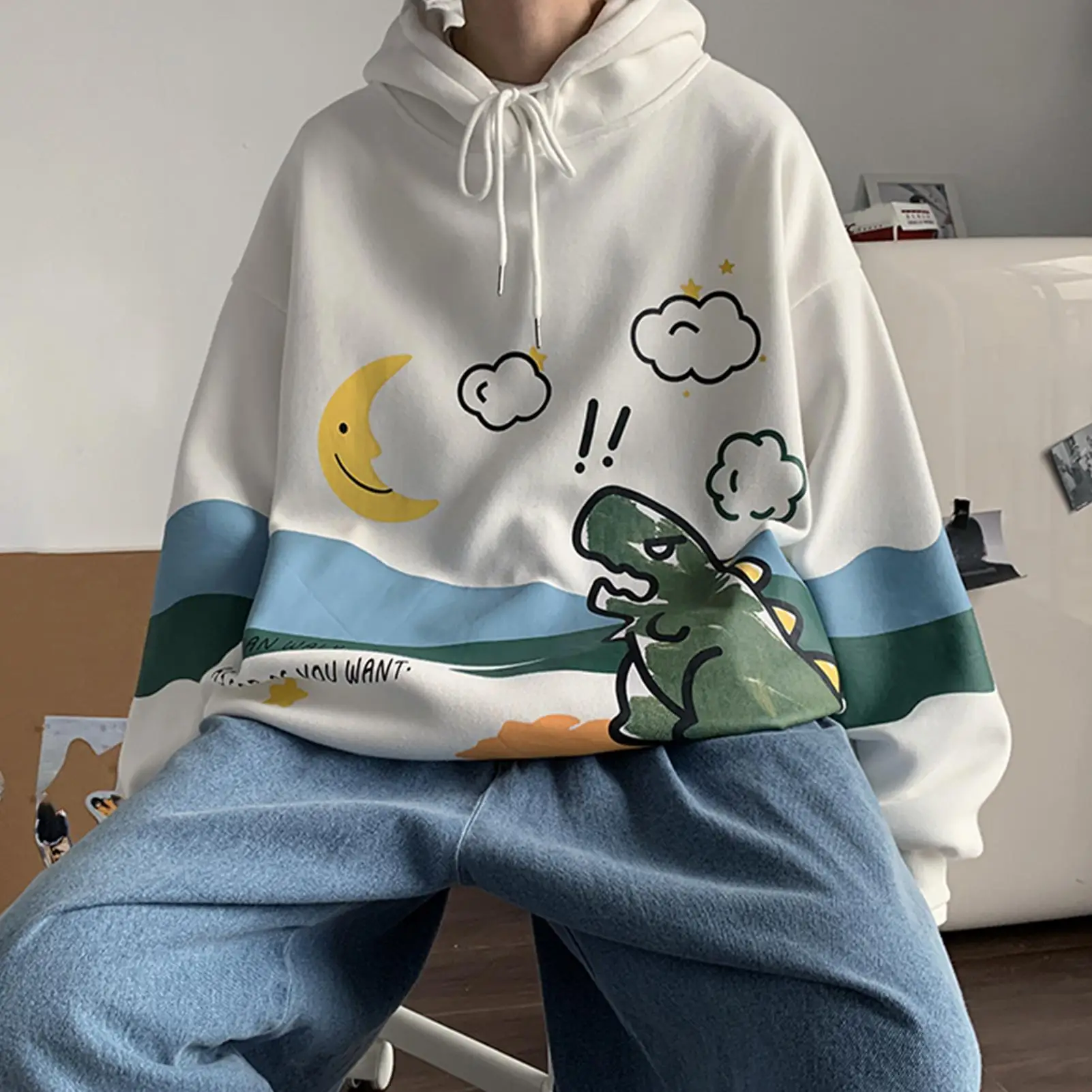 Men Winter Cartoon Dinosaur Print Pullover Long Sleeve Sweatshirt Loose Hoodie