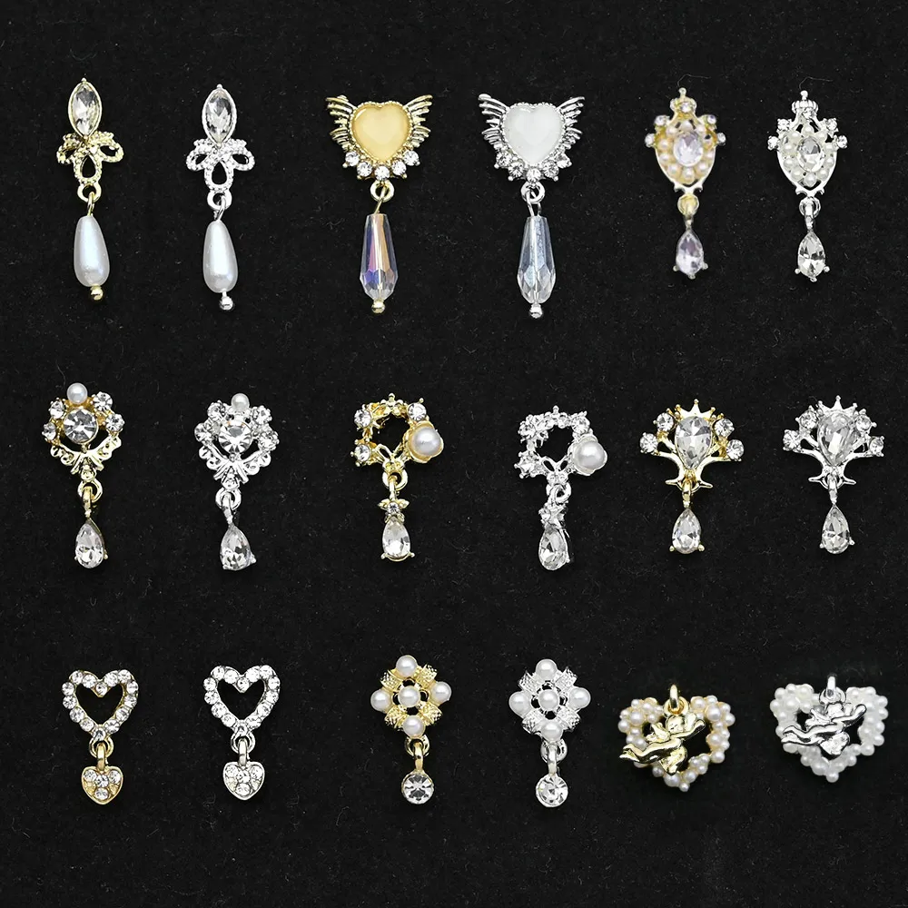 10Pcs 3D Dangle Nail Charms,Nail Jewelry Rhinestones/Heart Pearl Crystal Gems Decorations, Mixed Shape Metal Luxury Nail Alloy#