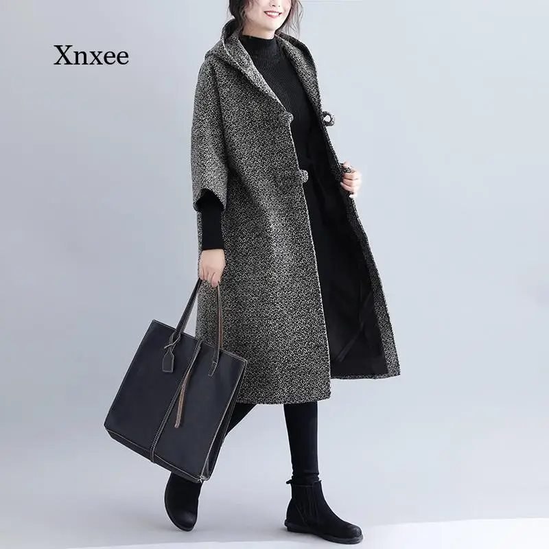 Winter 2021  Women's Retro Wool and Blend Coat Women's Loose Coat  Hooded Long Trench Coat