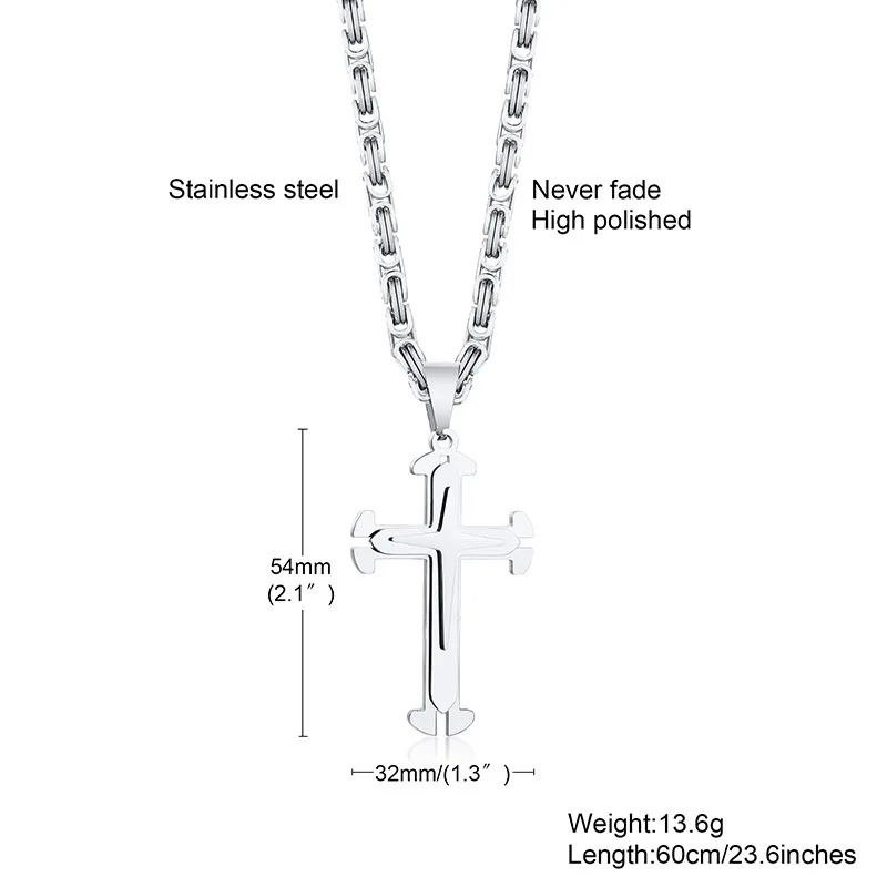 4mm 24 inch Large Cross Pendant Necklace Stainless Steel Byzantine Chain For Men Boys Gifts