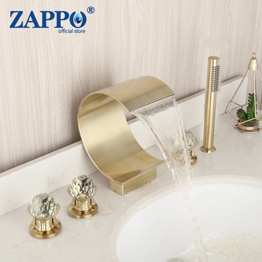 

ZAPPO Brush Gold Waterfall Spout 5 pcs Bathtub Faucet Chrome Finished Mixer Taps Para Bathroom Shower Faucets W/ Handshower