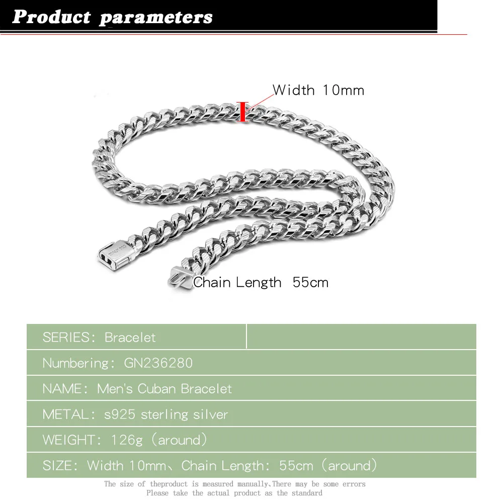 Fine Jewelry Original 925 Sterling Silver 10MM Cuban Link Chains Classic Men Boy Thick Curb Chains Male Chunky Neck Jewelry