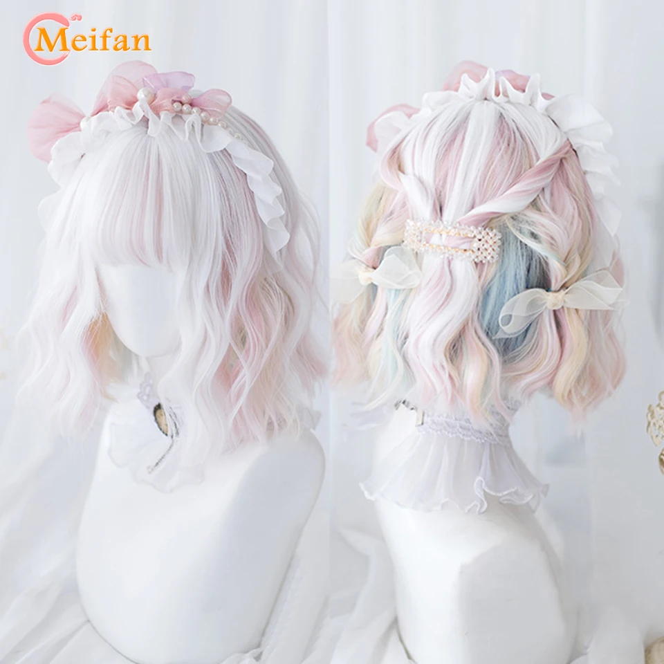 MEIFAN Synthetic Short Lolita Cosplay Christmas Halloween Bob Wave Curly Wig Harajuku Female Wig with Air Bang Natural Fake Hair