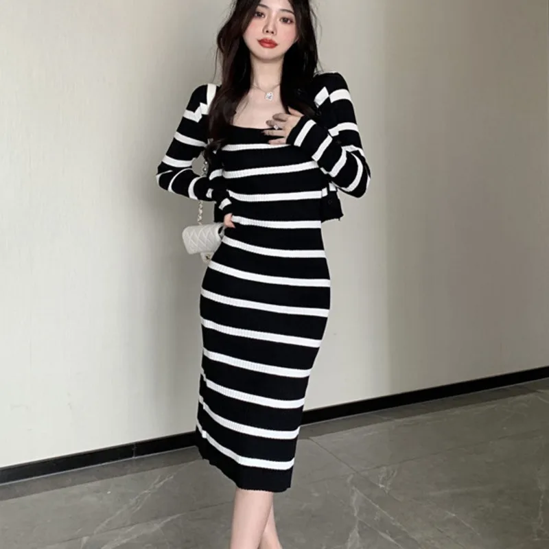 Striped Knitted Women's Suit Long Sleeve Cardigan Tops + Sexy Spaghetti Strap Long Dress Two Piece Set Casual New Spring Autumn