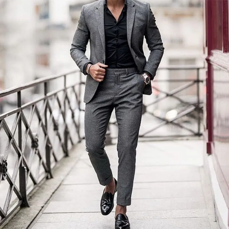 

2024 New Wedding Groom Tuxedos For Men Blazers Jackets Pants 2 Piece Set Casual Simple Stylish Grey Prom Costume Homme Masculino