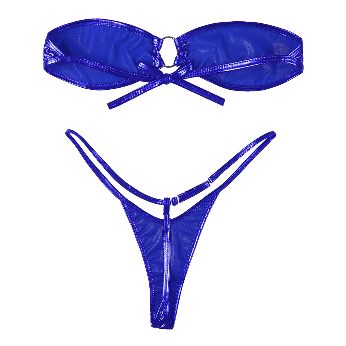 Tiaobug Vrouwen Glanzend Metallic Sexy Bikini Set Tie-Up Strapless Beha Mini Tops Met Thongs G-string Ondergoed Badmode Beachwear