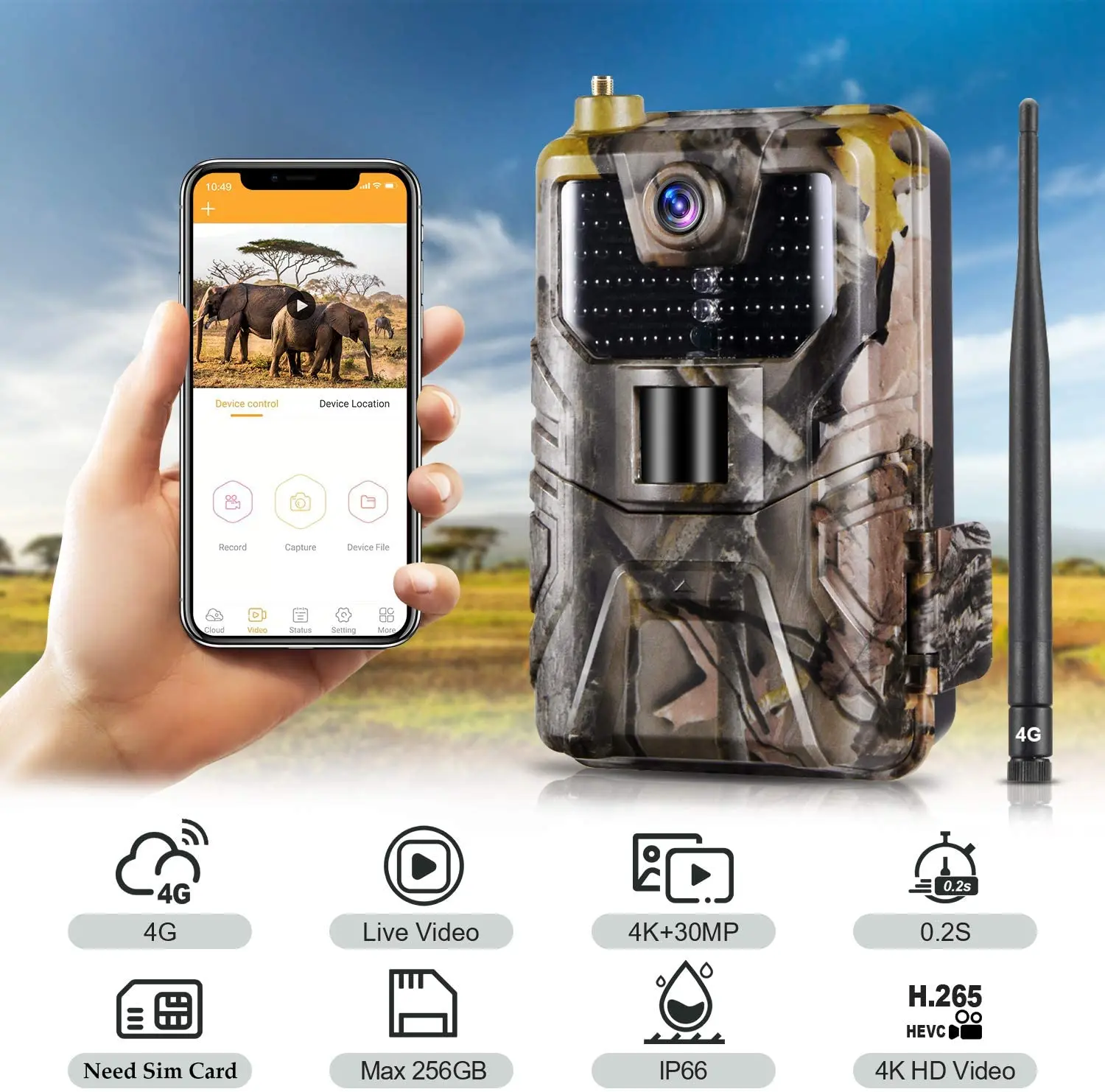 Live Stream 4K Video APP Control Trail Camera Cloud Service 4G Cellular Mobile 30MP IP66 Wildlife Hunting Cameras Night Vision