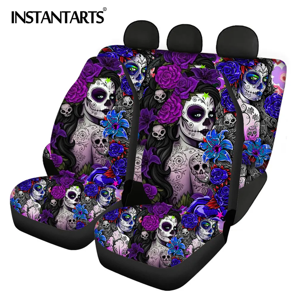 

Fashion Terror Gothic Floral Skull Day of the Dead Printed Heavy-Duty Car Interior Seat Covers Fashion Front/Back Seat Protector