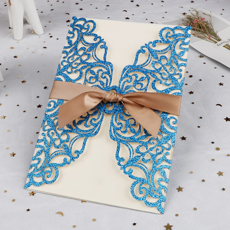 

100pcs Glitter Paper Laser Cut Wedding Invitation Card Printing With Ribbon Business Greeting Cards Wedding Decoration Favors