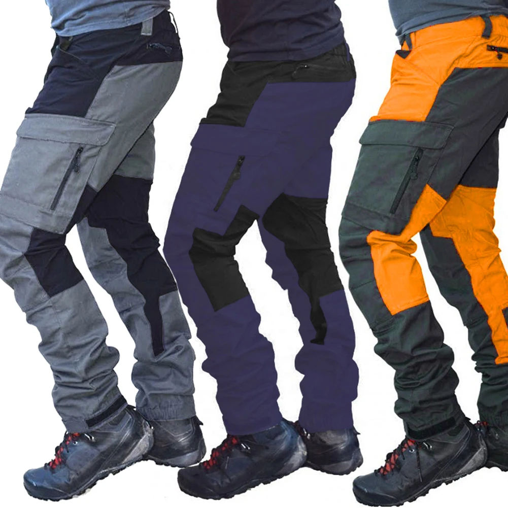 Plus Size Pants Men Fashion Color Block Multi Pockets Sports Long Cargo Pants 2021 Workout Trousers Casual Sweatpants