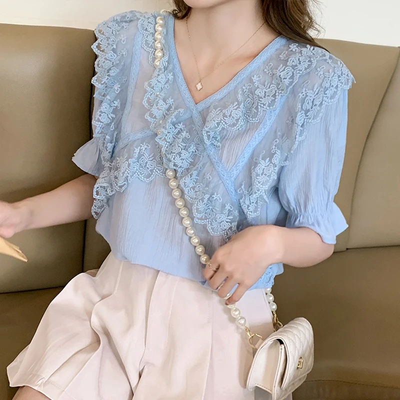 

New Fashion Womens Tops and Shirts Women Lace Ruffles Patchwork Short Sleeve V-Neck Chiffon Shirts Ladies Tops
