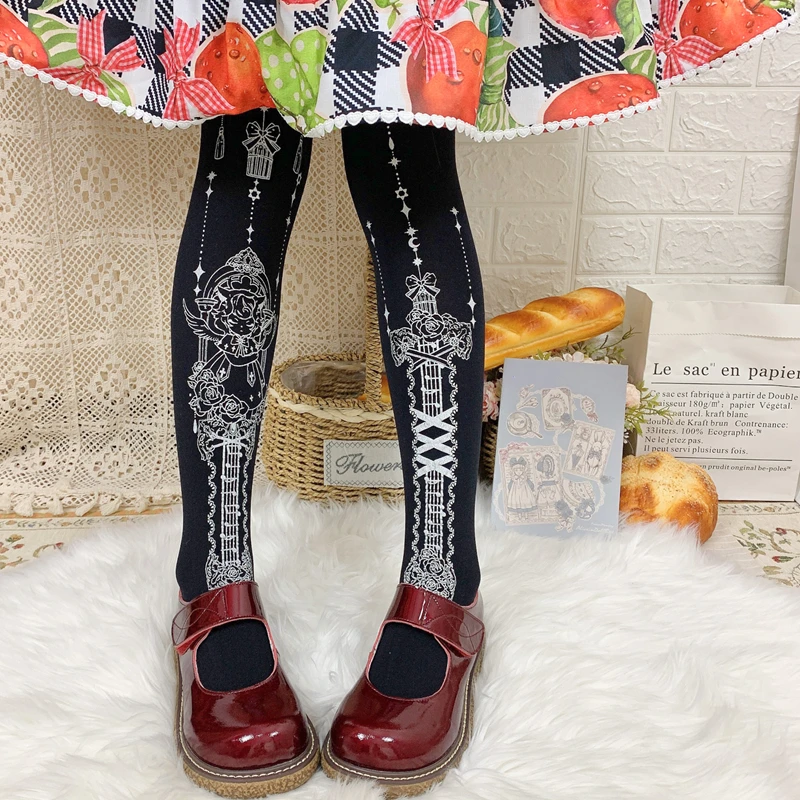 spring and summer lolita bronzing printed boots velvet silk stockings second element soft girl loli silk stockings