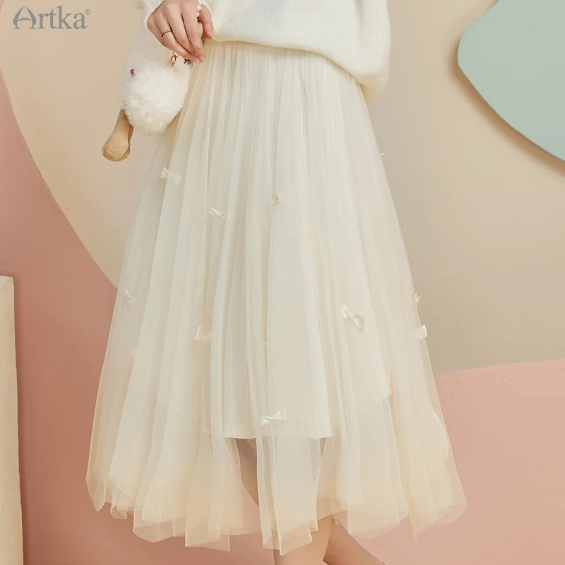 ARTKA 2025 A/W Nieuwe Vrouwen Rok Elegant Gaas Kant Elastische Hoge Taille Midi Rokken A-lijn Tweezijdig Slijtage Gebreide Rok QB29011D