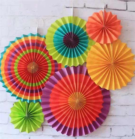 12pcs Fiesta Colorful Paper Fans Rosettes Party Fans Mexican Southwestern Pattern Paper Fans for Wedding Festival Carnival Party