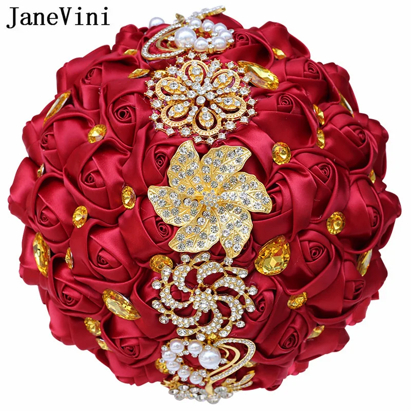 JaneVini Luxurious Sparkling Gold Rhinestone Bride Wedding Bouquet Rose Artificielle Navy Blue Satin Pearl Crystal Bridal Flower