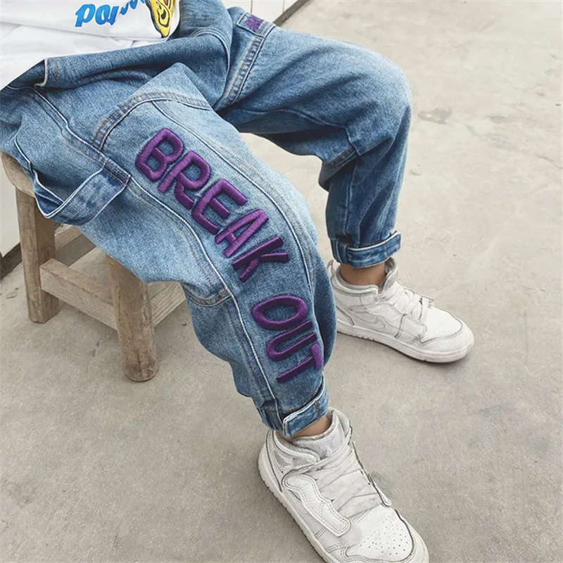 Cowboy Kids Boys Jeans Blue Letter Embroidery Warm Denim pants 4 5 6 7 8 9 10 11 12 Years Children\'s Clothing Hip hop Boys jeans