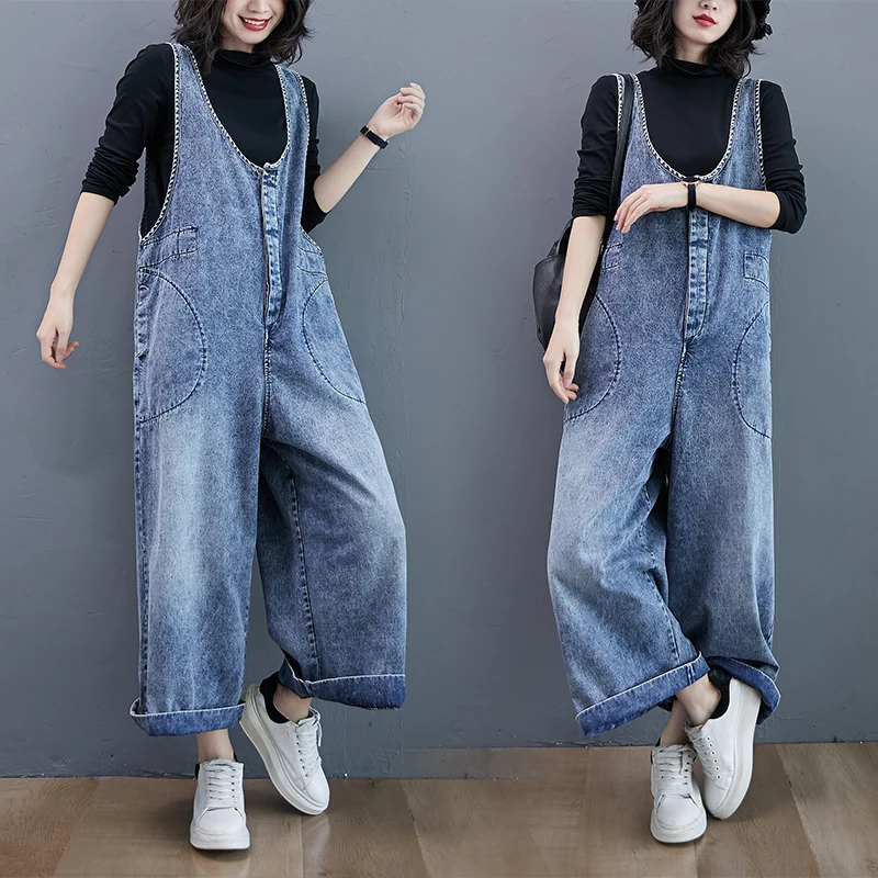 

#2314 Spring 2023 Denim Overalls Women Long Jumpsuits Ladies Loose Wide Leg Jumpsuit Vintage Casual Long Jumpsuit Rompers Ladies