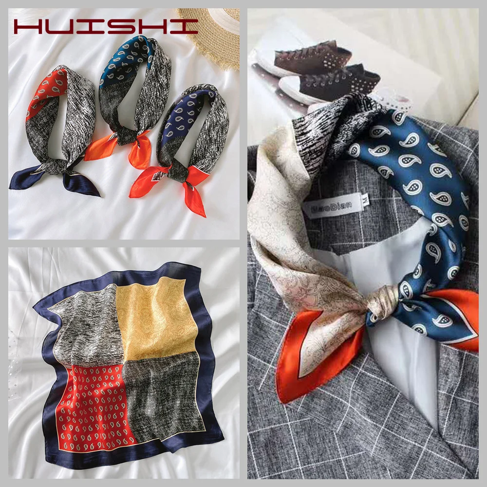 HUISHI Small Scarf Fashion Kerchief Women Head Scarf For Hair Grey Red Black Blue Silk Neck Scarves Female 53cm Square Bandanas